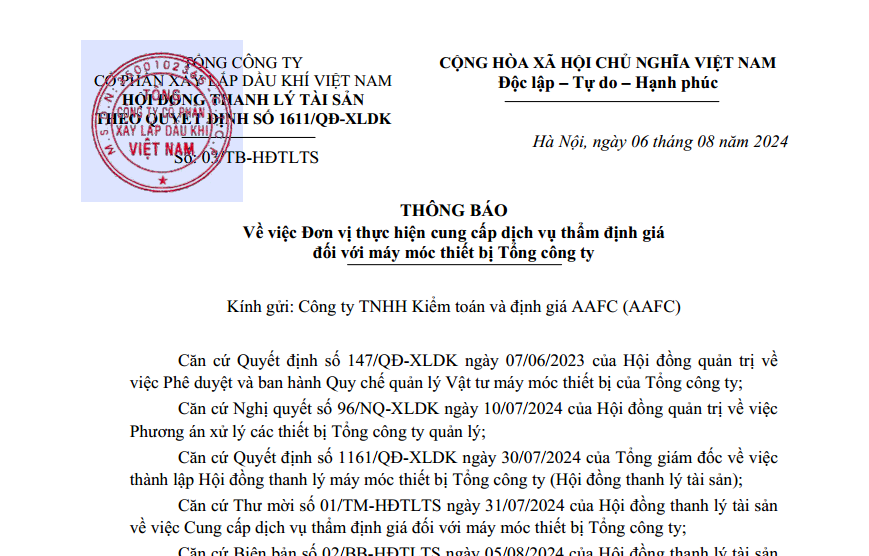 Thông báo Về việc Đơn vị thực hiện cung cấp dịch vụ thẩm định giá đối với máy móc thiết bị Tổng công ty